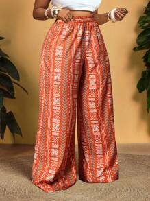Slaydiva Spring/Summer New Vacation & Festival Multicolor Pattern Print Loose Fit Basic Wide Leg Trousers, Plus Size-A,Summer Pants - Multicolor - View 1