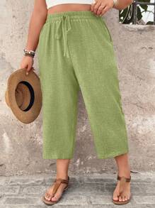 SHEIN Clasi Plus Size Women Casual Textured Capri Pants, Comfortable Daily Wear For Spring/Summer Countryside Vacation - Green - View 5