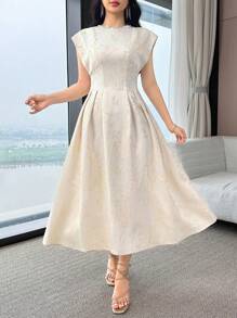 Modelyn Vestido elegante de longitud media con decoración de perlas falsas y jacquard floral para mujer - Albaricoque - Ver 6