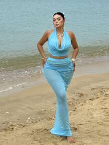 Flirla 加大码深垂领透明两件套吊带泳衣，搭配纯色纱笼裙