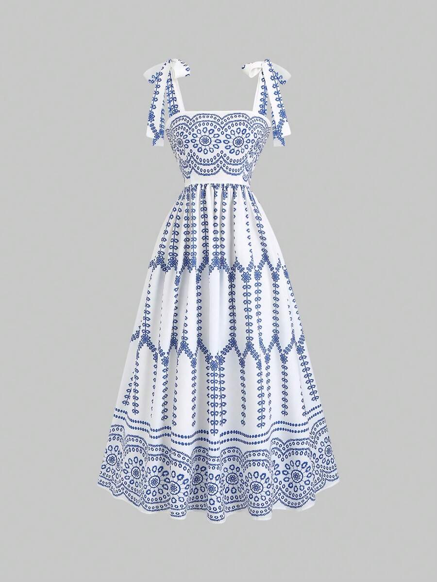 Sweetra 女式系带碎花复古精致吊带背心连衣裙，优雅适合夏季度假派对，红色别致修身性感 - 彩色 - 查看 1