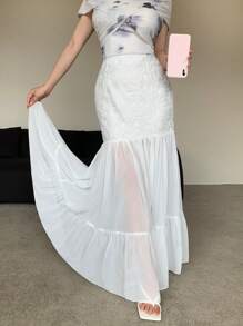 Modelyn Falda plisada de línea A de chifón con parches de tela texturizada para mujeres - Blanco - Ver 4