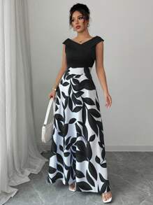 Elenzga 女式蓝色撞色印花设计V领高腰喇叭形休闲度假连衣裙 - 黑色 - 查看 6