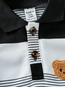 Souflis Souflis 男婴幼儿休闲可爱熊刺绣徽章条纹短袖 Polo 衫和短裤套装，适合夏季 - 黑色 - 查看 4