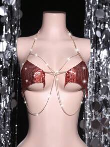 SHEIN 金属链装饰性感露背上衣 - 紅色 - 查看 6