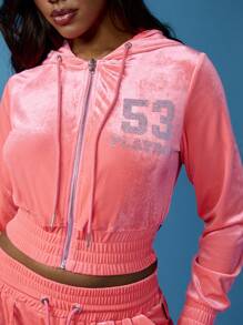 Missguided x Playboy Velvet Cropped Hoodie Workout Jacket Soft Touch Track Suit Lounge Athletic Wear Zip Up Sporty Fashion Fitness Casual Leisure Activewear - Pink - View 4