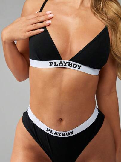 Missguided x Playboy 现代运动文胸丁字裤套装配套内衣套装高腰三角裤运动两件套休闲内衣套装
