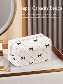 1 件大容量灯芯绒化妆包，蝴蝶结图案简约纯色铅笔袋，学生文具收纳必备用品，可爱多功能收纳袋，铅笔盒，化妆包，文具，化妆品，护肤品，口红，刷子，硬币，小物件，返校，学校用品 - 彩色 - 查看 6