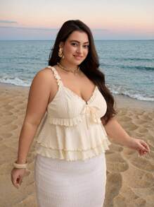 SHEIN MOD 杏色浪漫可爱乡村风吊带上衣，荷叶边装饰，荷叶边，度假，野餐，约会，波西米亚风 - 杏色 - 查看 3