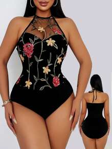 VaVaBold Women's Floral Embroidered Patchwork Sexy Halter Bodysuit, Spring/Summer - Black - View 1