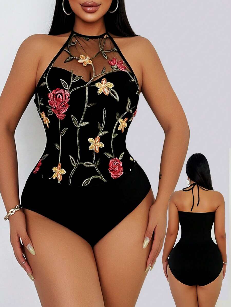 VaVaBold Women's Floral Embroidered Patchwork Sexy Halter Bodysuit, Spring/Summer - Black - View 1