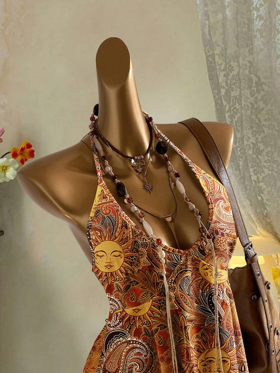 Attitoon Áo cổ yếm hở lưng in hình thần mặt trời vàng cổ điển, phong cách ngày lễ - Nhiều màu - Xem 1