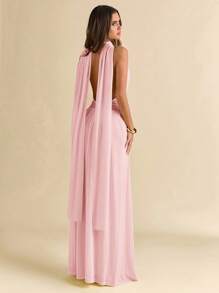 SHEIN BAE Women's Solid Color Mesh Plunging Neck Backless Ruffle Hem Sheer Dress, Sexy Vacation Style