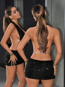 SHEIN ICON Đầm ôm body mini hở lưng hở lưng trang trí đá Rhinestone - màu đen - Xem 2