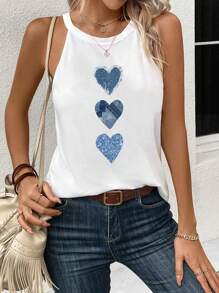 SHEIN LUNE Áo tank top nữ dáng ôm họa tiết trái tim hiệu ứng denim, hơi xuyên thấu, thích hợp cho mùa hè đi học, phong cách thường ngày. - trắng - Xem 4