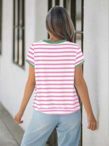 SHEIN LUNE Plus Size Casual Minimalist Pink Stripe & Green New York Print T-Shirt, Suitable For Summer - Multicolor - View 4