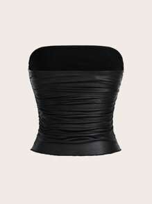 Attitoon Faux Stretch-Leather Black Pleated Strapless Top