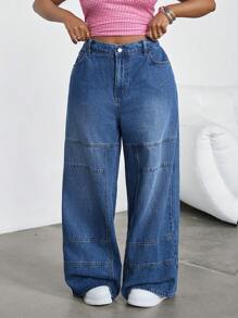 SHEIN EZwear Plus Size Blue Straight-Leg Casual Denim Jeans,Blue,Suitable For Parties, Holidays, Dates, Valentine's Day, Afternoon Tea, Summer / Summer Outfits / Summer Clothes,Year-Round,For Spring/Summer Holiday,Suitable For Summer,Blue Summer,Vacation Outfits Woman,Easter,Spring,Western,Office Outfits For Women,Rave Outfits,Baby Shower Dress,Cottagecore,Country Outfits Women, Chic,Dresses For Women Elegant,Beach Dress,Graduation Dress,Vacation Dress,Easter Dress,Sundress - Blue - View 3