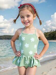 Infant/Toddler Girls' Summer Beach Vacation New Turtle Digital Print Ruched One-Piece Swimsuit Toddler Girl Beach Clothes Summer Clothes For Toddlers Summer Dresses For Toddler Girl Toddler Dresses Summer - Green - View 3
