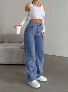 EURMUSE Snow Wash Straight Leg Jeans High Rise ,Petite Women - Medium Wash - View 6