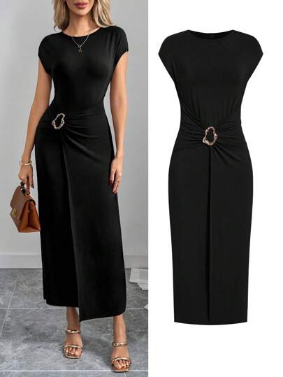 Ellevyn Women's Solid Color Elegant Metal Button Decor Twist Waist Midi Dress, Suitable For Work And Casual Wear, Women Summer Clothing, Women Dresses Women Nice Dress Dresses Classy Elegant Pencil Skirt.