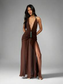 MISSGUIDED 深 V 领露背晚礼服，镶嵌绿松石细节，褶皱及地前开叉雪纺长裙，节日派对婚礼宾客 - 棕色 - 查看 5