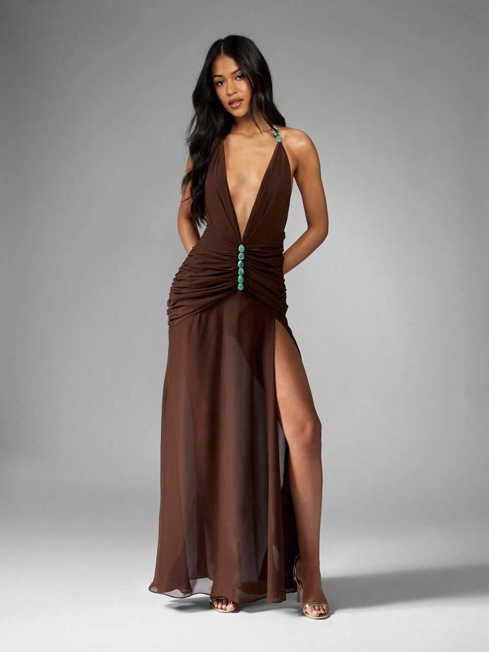 MISSGUIDED Plunge Neck Halter Evening Gown With Turquoise Stone Detail Ruched Floor Length Split Front Chiffon Maxi Dress Holiday Party Wedding Guest
