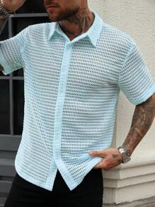 Manfinity Homme Men's Solid Short Sleeve Single Breasted Casual Shirt, Summer - Green - View 1