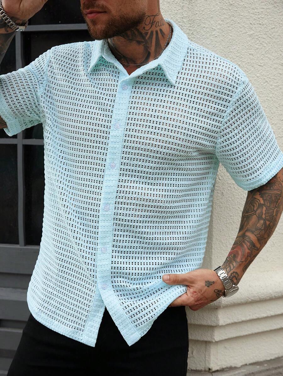 Manfinity Homme Men's Solid Short Sleeve Single Breasted Casual Shirt, Summer - Green - View 1