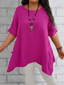 EMERY ROSE Plus Size Women's Summer Blue Round Neck Short Sleeve Double Pocket Loose Casual Mom Shirts Summer Clothes Women Summer Shirts Women Plus Clothing Formal