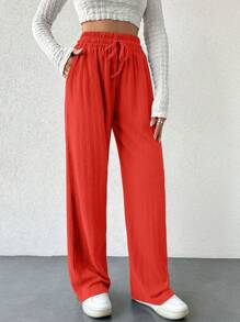 SHEIN Cottnline Wide Leg Pants For Women With Drawstring, Elastic Waistband, Relaxed Fit Design - Orange - View 3