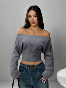 SHEIN EZwear 大码纯色简约露肩运动衫，日常穿着 - 灰色 - 查看 5
