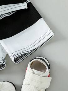 Souflis Souflis 男婴幼儿休闲可爱熊刺绣徽章条纹短袖 Polo 衫和短裤套装，适合夏季 - 黑色 - 查看 5