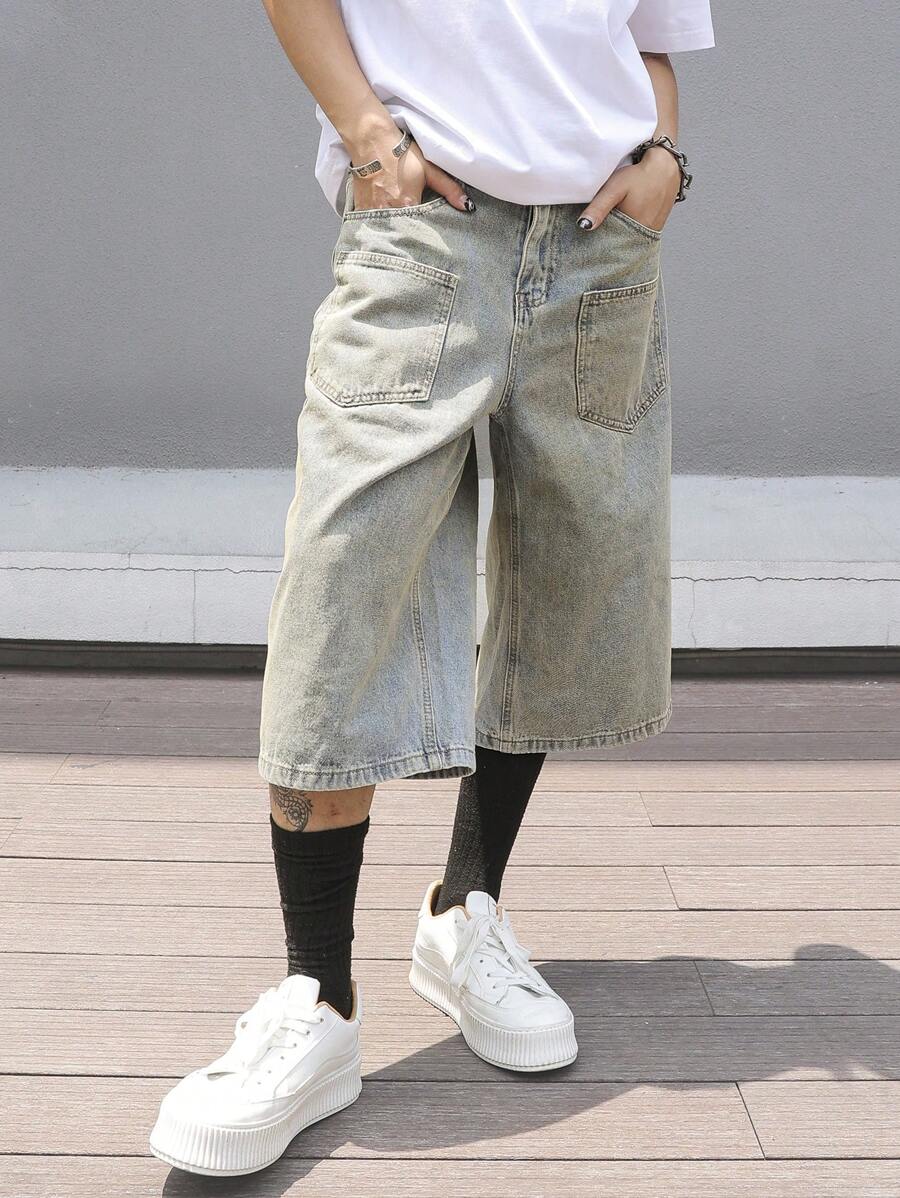 Claim Dot 男士纯色休闲牛仔短裤，适合夏季 - 中等水洗藍 - 查看 1