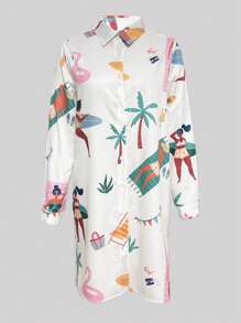 Váy sơ mi dài tay in hình cây cọ ngày lễ cho nữ, hàng khuy đơn - Màu xanh chanh - Xem 3