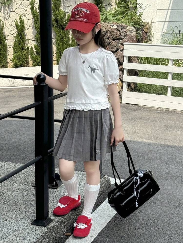 2pcs Tween Girls Crew Neck Knitted Printed Ruffle Sleeve T-Shirt + Pleated Skirt Set, Summer