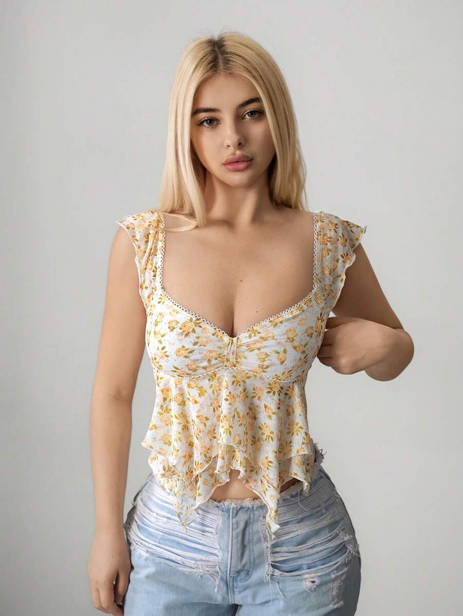 Sweetina Áo ba lỗ lưới họa tiết hoa babydoll dễ thương màu vàng đi chơi mùa hè cho phụ nữ đi nghỉ ở bãi biển, thời trang cho mùa hè - Màu vàng - Xem 1