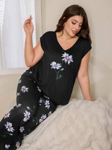 SHEIN Daisy Printed V-Neck Short Sleeve Casual Loungewear Set - Black - View 5