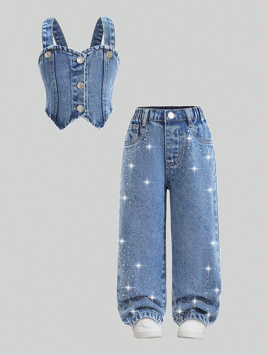 少女牛仔两件套服装 - 中等水洗藍 - 查看 1