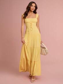 Enchnt Vestido largo de mujer romántico, sin mangas, de cuello cuadrado con tirantes cruzados, de color amarillo sol, para primavera/verano, dulce y elegante para vacaciones, citas, días festivos, fiestas, graduaciones, invitadas de boda, playa, bailes de graduación, vestidos de verano para mujeres, ropa de verano, vestidos elegantes de mujer, vestidos elegantes para fiestas