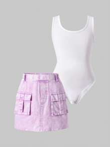 SHEIN Bộ áo liền quần cho bé gái Tween & Bộ váy tổng thể denim màu tím hồng có túi, thời trang và hợp thời trang - trắng - Xem 1