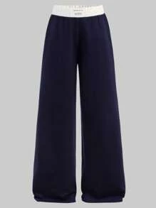 SHEIN 青少年女孩返校色块腰带阔腿宽松休闲简约舒适中腰运动裤，适合街头、校园、运动、家居穿着