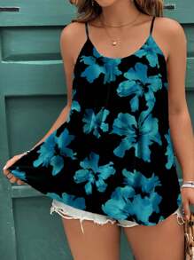 SHEIN Clasi توب كاجوال أنيق مطبوع بالزهور مقاس كبير للسيدات، مناسب للصيف والعطلات الشاطئية - متعدد الألوان - مشاهدة 6