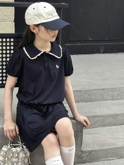 Dazy Kids Tween Girls Polo T-Shirt & Lace Trim Skirt 2PC Sets