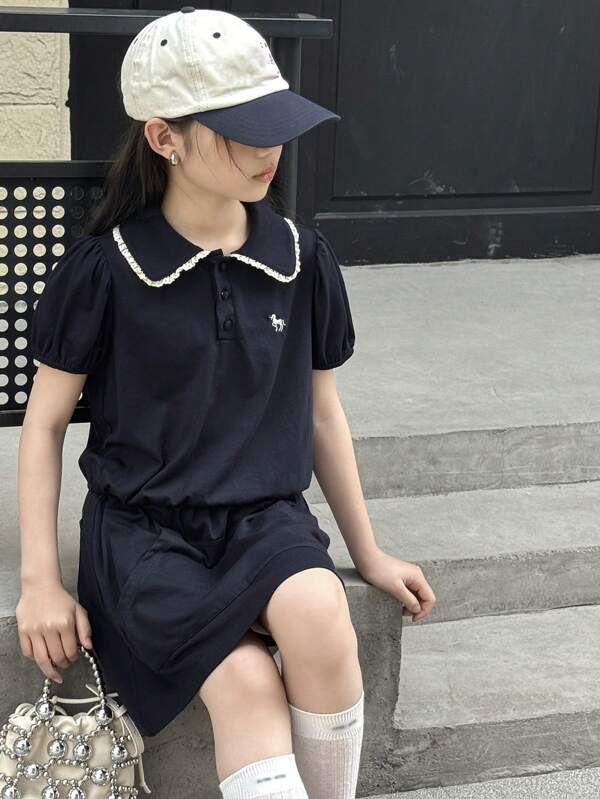 DAZY Mädchen Große Größen Set aus Poloshirt und Rock mit Spitzenkante, 2-teilig