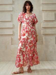 EMERY ROSE Women's Paisley Printed V-Neck Cut-Out Cinched Waist Maxi Dress,Beige,Summer,Boho,Tea Party,Holiday Sundress Wedding Guest Birthday Vacation Outfits - Pink - View 5