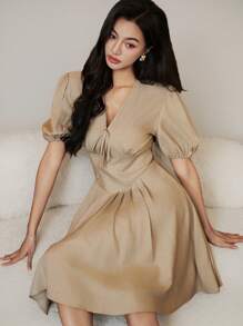 Heiryn Vestido corto de manga abullonada de color liso elegante para mujer, de verano