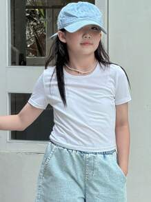 DAZY 3pcs/Set Tween Girls' Solid Color Round Neck Short Sleeve T-Shirt Set, Summer,Back To School Clothes - Multicolor - View 7