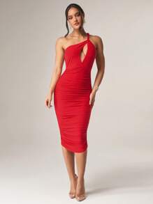 Silquee 女士性感纯色镂空单肩露背褶饰修身中长连衣裙，夏季 - 紅色 - 查看 8