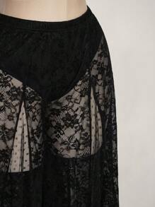 SHEIN ICON 大码高腰波点蕾丝和网眼拼布加长裤 - 黑色 - 查看 4